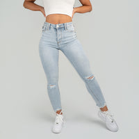 FOXED® MID-WAIST 7/8 SKINNY RIPPED JEANS LIGHT BLUE