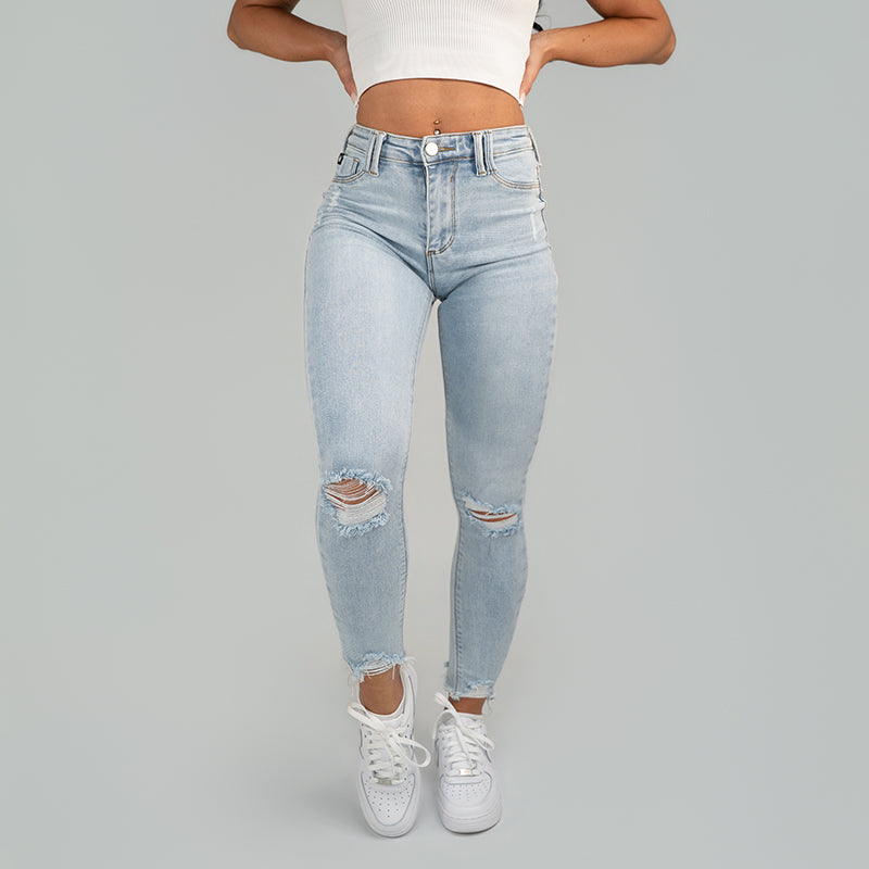 FOXED® MID-WAIST 7/8 SKINNY RIPPED JEANS LIGHT BLUE