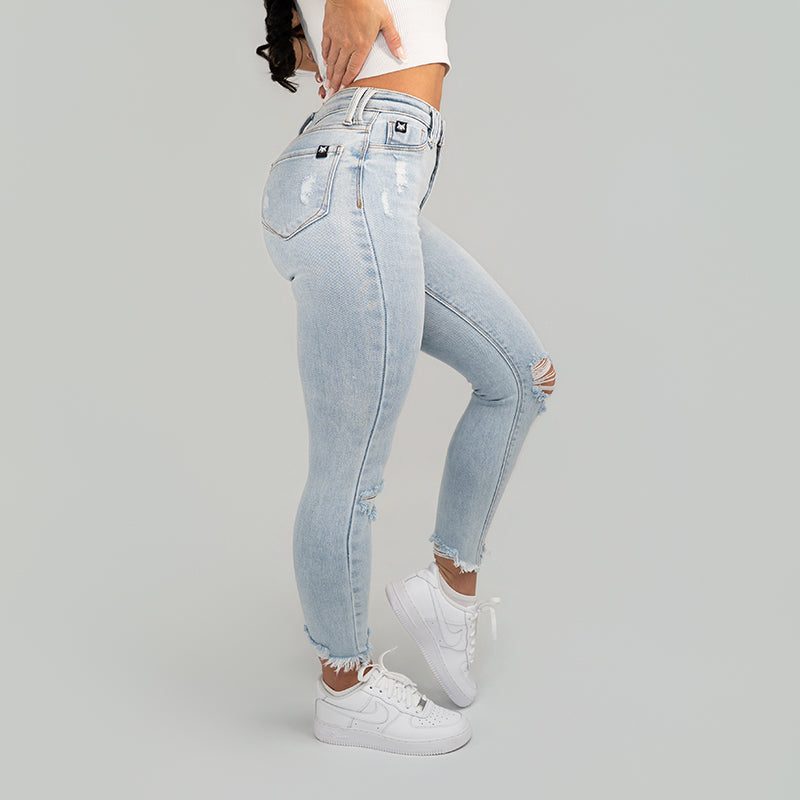 FOXED® MID-WAIST 7/8 SKINNY RIPPED JEANS LIGHT BLUE