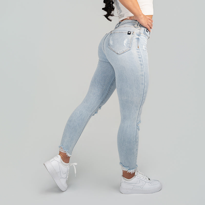 FOXED® MID-WAIST 7/8 SKINNY RIPPED JEANS LIGHT BLUE