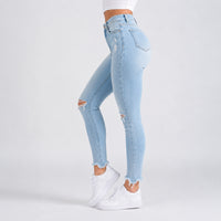 FOXED® MID-WAIST 7/8 SKINNY RIPPED JEANS LIGHT BLUE