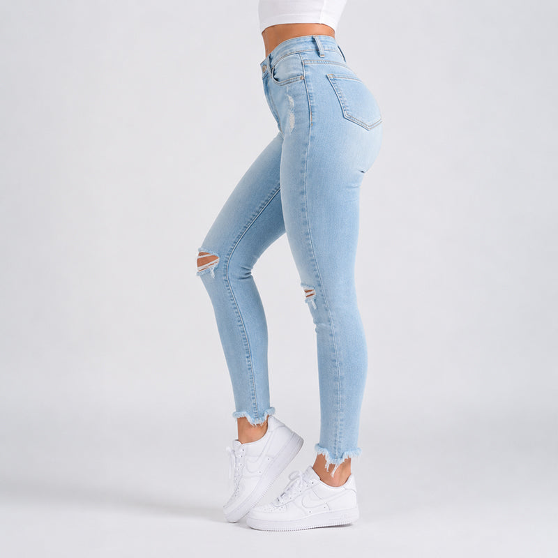 FOXED® MID-WAIST 7/8 SKINNY RIPPED JEANS LIGHT BLUE