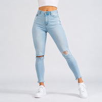 FOXED® MID-WAIST 7/8 SKINNY RIPPED JEANS LIGHT BLUE