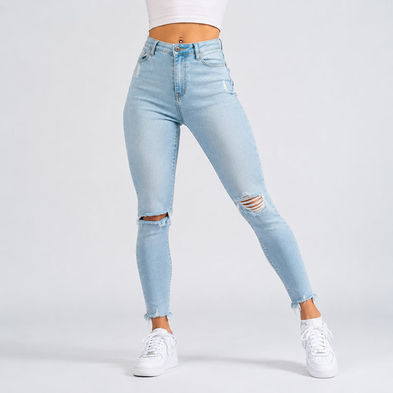 FOXED® MID-WAIST 7/8 SKINNY RIPPED JEANS LIGHT BLUE