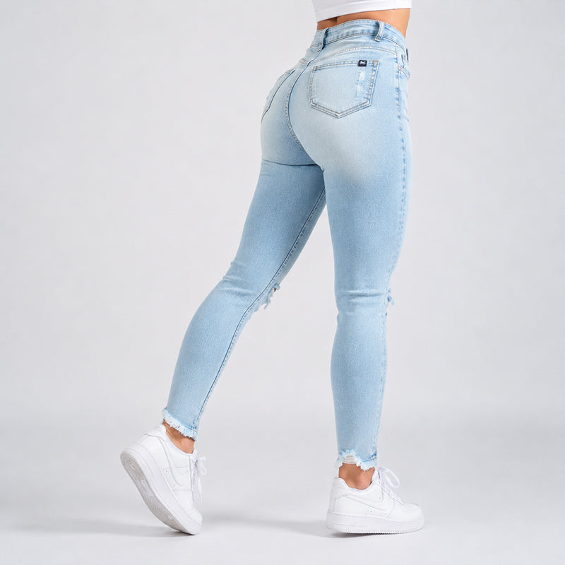 FOXED® MID-WAIST 7/8 SKINNY RIPPED JEANS LIGHT BLUE