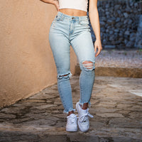 FOXED® MID-WAIST 7/8 SKINNY RIPPED JEANS LIGHT BLUE