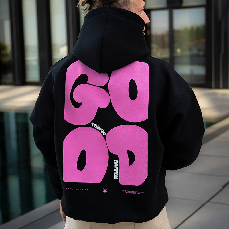 FOXED® GOOD THINGS UNISEX HOODIE BLACK/ROSA